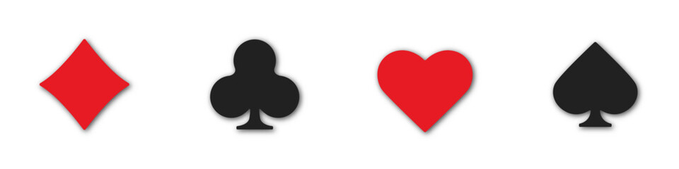 Set collection gambling sign symbol of playing card suits and chips for poker and casino. Hearts, clubs, diamonds and spades on an isolated white background.