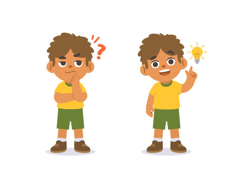The black boy was confused, wondered, had a problem, and tried to answer and The girl figured out the answer to the problem. illustration cartoon character vector design on white background.