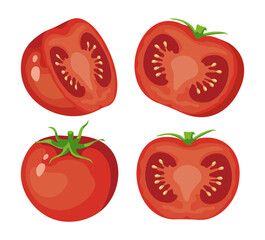 Halves of ripe tomato vector illustrations set. Collection of cartoon drawings of red round vegetable isolated on white background. Organic food, diet, healthy eating concept