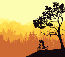 Naklejka na ściany i meble Silhouette of mountain bike rider in wild nature landscape. Mountains, forest in background. Magical misty nature. Yellow illustration.