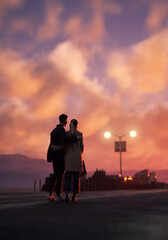 Man and woman with bags walk embraced on a wet road with a street lamp at sunset. Rear view. 3D render.