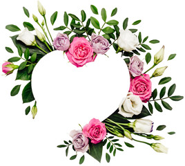 Valentine's day romantic concept. Natural heart shape frame layout with white and pink roses and green leaves - obrazy, fototapety, plakaty