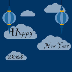 Happy New Year 2023. Clouds lined up and transparent ball hanging down, blue background.