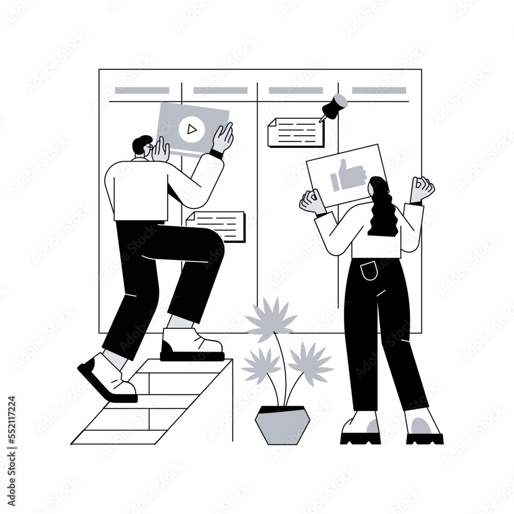 Poster kanban board abstract concept vector illustration. teamwork communication process, agile project man