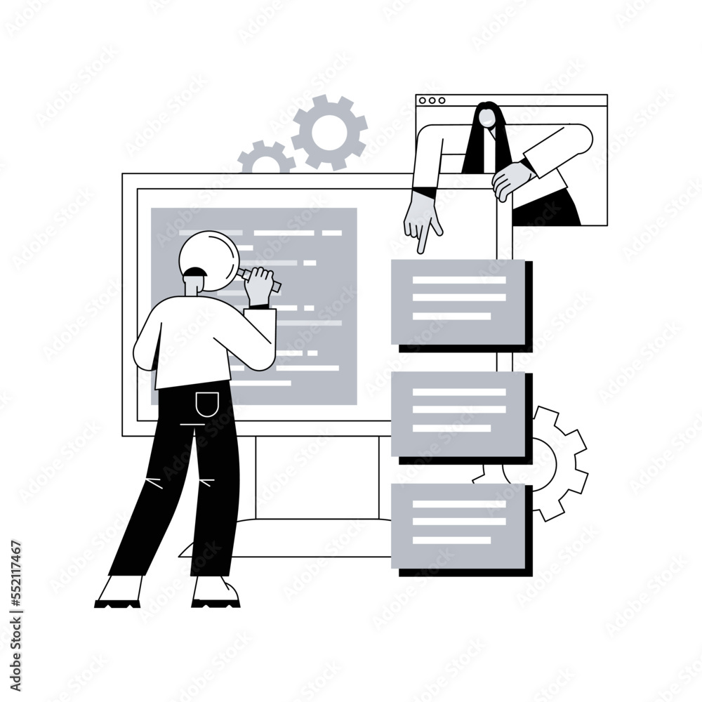 Poster software requirement description abstract concept vector illustration. software system description, 