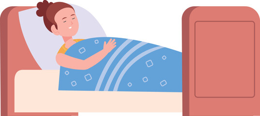 Child resting in bed. Cute sleeping girl character