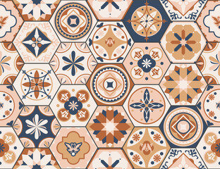 Talavera pattern. Indian patchwork, Turkish ornament. Moroccan mosaic. Ceramic dishes, folk print. Spanish pottery. Antique Moroccan, Portuguese hexagonal tiles. Mediterranean seamless 