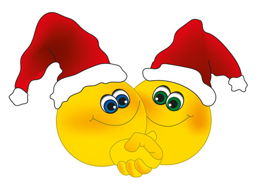 Handschlag von 2 Smileys mit Weihnachtsm&uuml;tzen