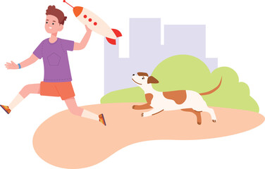 Happy boy playing with dog. Summer outside joy