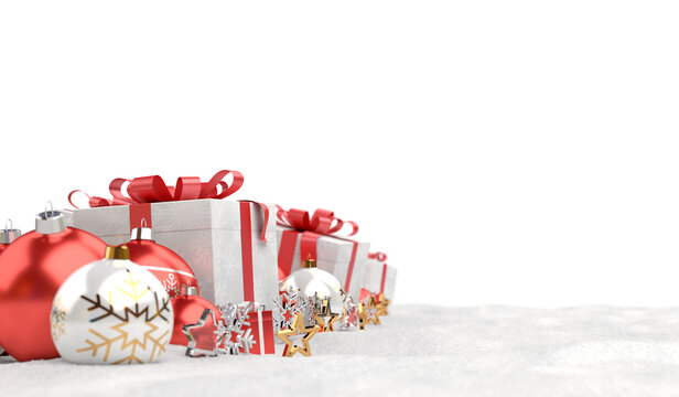 Cut out red christmas baubles and gifts on snow png image
