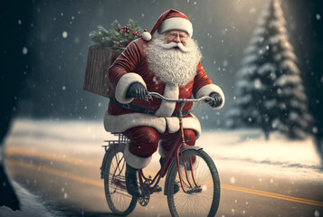 Santa Claus on the bike. Generative AI fictional person