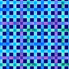 Watercolor seamless checkered pattern. Strokes texture plaid. Hand painted stripe on dark blue background.