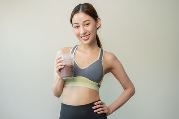 Diet meal replacement for weight loss, happy asian young woman, girl in sportswear, hand in holding...
