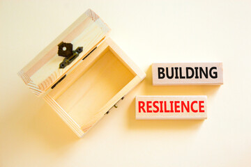 Building resilience symbol. Concept word Building resilience typed on wooden blocks. Beautiful white table white background. Empty wooden chest. Business and building resilience concept. Copy space.