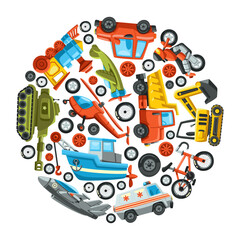Obraz na płótnie Canvas Circular pattern with different transport vector illustration. Collection of cartoon drawings of land, water and air vehicles isolated on white background. Transportation concept
