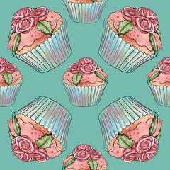 Seamless raster pattern of cupcakes with blue base and pink creamy berry fillings on blue background. High quality illustration