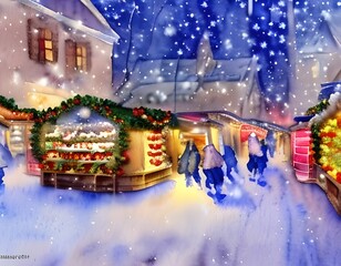 Christmas Market in a Snowy Small Town with Shoppers - Impressionist watercolor painting - Generative AI 6