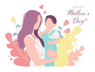 Mother's day greeting card. Vector banner with mother holding baby and pink hearts with flowers.