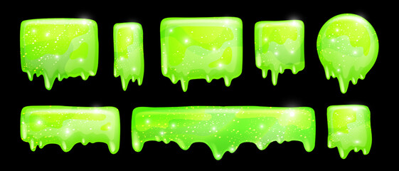 Slime vector frame set, 3D jelly liquid toxic cartoon dripping mucus kit, green Halloween splat. Poison sticky goo, transparent spooky radioactive blob, paint splash blot. Green slime horror clipart