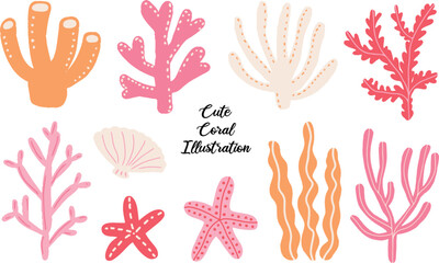 a set of cute hand drawn summer coral, starfish, seaweed, and starfish with retro color