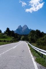 Landscape view from the road leading to Pedraforca mountain in Catalonia, Spain. Majestic nature in the catalan Pyrenees.