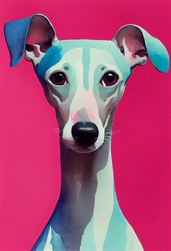 Funny adorable portrait headshot of cute doggy. Italian Greyhound dog breed puppy, standing facing front. Looking curious towards camera. Watercolor art illustration. Vertical artistic poster.