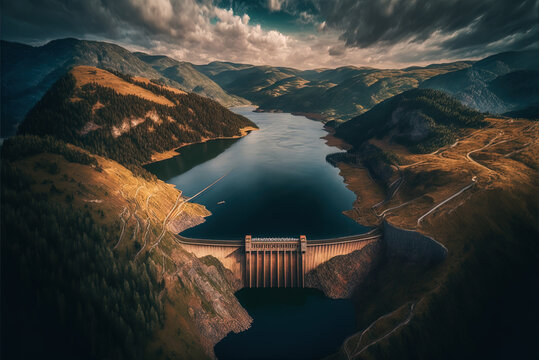 Drone Footage Of The Vidraru Dam In Romania. Generative AI