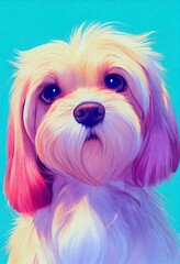 Funny adorable portrait headshot of cute doggy. Maltese dog breed puppy, standing facing front. Looking curious towards camera. Watercolor art illustration. Vertical artistic poster.