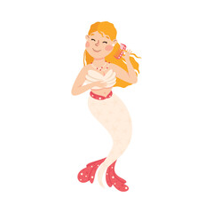 Mermaid Brushing Wavy Hair with Comb Floating Underwater Vector Illustration