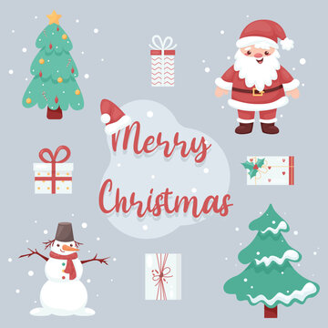 Christmas items set, Santa Claus, Christmas tree, presents, Snowman, gifts