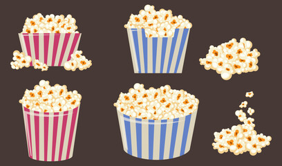 Striped popcorn paper bags vector illustrations set. Popcorn containers with red or blue stripes, snack for watching movie isolated on brown background. Food, cinema, entertainment concept