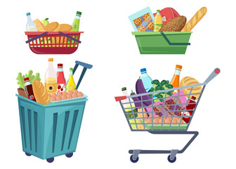Shopping baskets and carts vector illustrations set. Collection of cartoon drawings of baskets and trolleys full of groceries isolated on white background. Food, shopping, delivery service concept