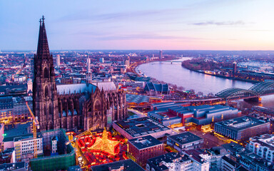Cologne Germany Christmas market, aerial drone view over Cologne rhine river Germany Cathedral...