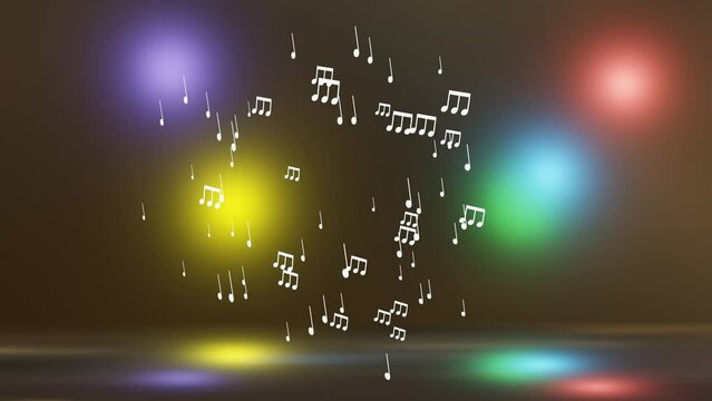 White musical notes float between moving colorful bokeh lights with reflexes. Animation with a musical theme in subtle pastel colors
