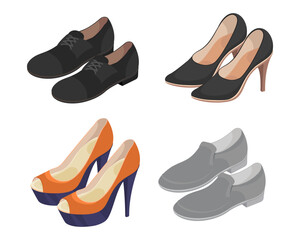Different formal shoes for women vector illustrations set. Collection of cartoon drawings of female business shoes with low and high heels on white background. Fashion, accessories, footwear concept