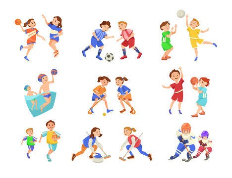 Kids playing different team sports vector illustrations set. Collection of drawings of children playing basketball, football, hockey isolated on white background. Sports, healthy lifestyle concept