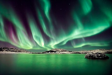 Northen light under mountains and ocean. Beautiful landscape in Norway, Island.