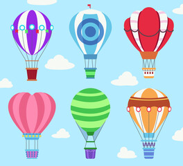 Colorful hot air balloons flying in sky vector illustrations set. Collection of drawings of designs of air transport on blue background with clouds. Aviation, transportation, traveling concept