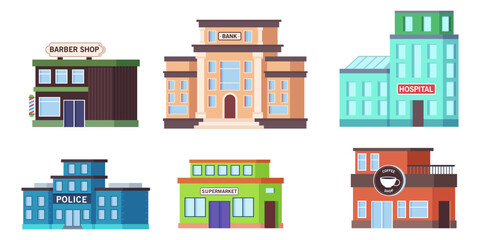 Different municipal or city buildings vector illustrations set. Cartoon drawings of barbershop, bank, hospital, police, supermarket and coffee shop on white background. City or urban life concept