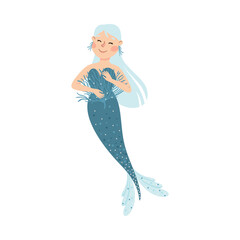 Mermaid with Wavy Blue Hair Floating Underwater Vector Illustration