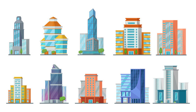 Tall modern buildings vector illustrations set. Collection of cartoon drawings of office or apartment buildings isolated on white background. Architecture, construction, city life concept