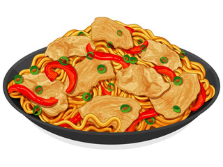Chinese stir fry noodles with chicken recipe. Asian stir fry noodles recipe illustration vector. Japanese soba noodles. Asian food noodle drawing.