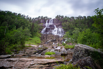 long exposure photograph of a waterfall in the norwegian mountains 