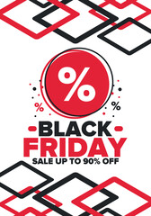 Black Friday. Sale up to 90% off. Biggest sale of the year. Special offer banner. Holiday shopping in United States. Super season deal in November. Discount badge. Creative vector template