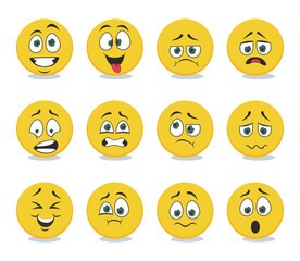 Fototapeta premium Yellow face character with emotions vector illustrations set. Collection of cartoon drawings of funny comic ball, happy, sad, shocked, laughing character on white background. Emotions concept