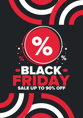 Black Friday. Sale up to 90% off. Biggest sale of the year. Special offer banner. Holiday shopping in United States. Super season deal in November. Discount badge. Creative vector template