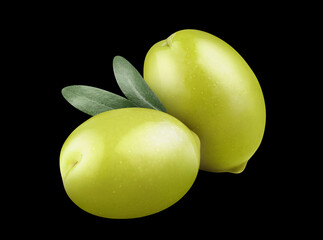Delicious green olives with leaves, isolated on black background