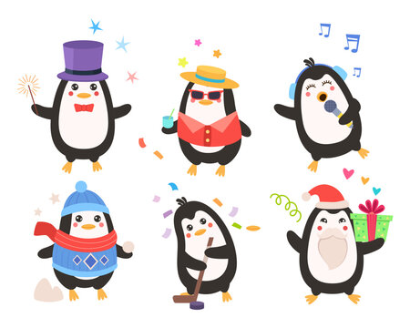 Christmas penguin cartoon character vector illustrations set. Collection of different poses of cute comic bird in festive clothes on white background. Winter holidays, celebration, animals concept