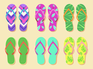 Top view of colorful flip-flops vector illustrations set. Collection of cartoon drawings of flip flops with different ornaments isolated on beige background. Summer, footwear, fashion concept