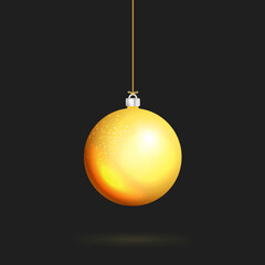 Christmas gold ball handing on string. Xmas vector bauble isolated on transparent background. New Year ball, realistic bright decoration element. Vector